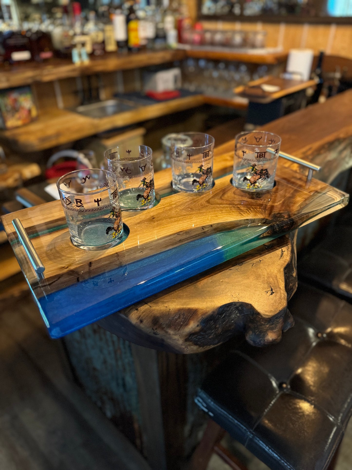 Handcrafted Walnut & Blue Epoxy Bourbon Tray