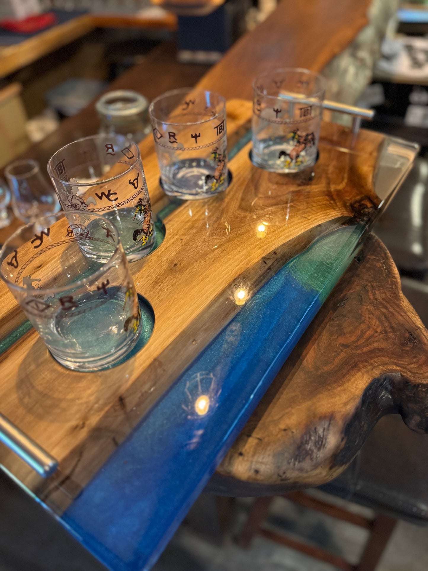 Handcrafted Walnut & Blue Epoxy Bourbon Tray