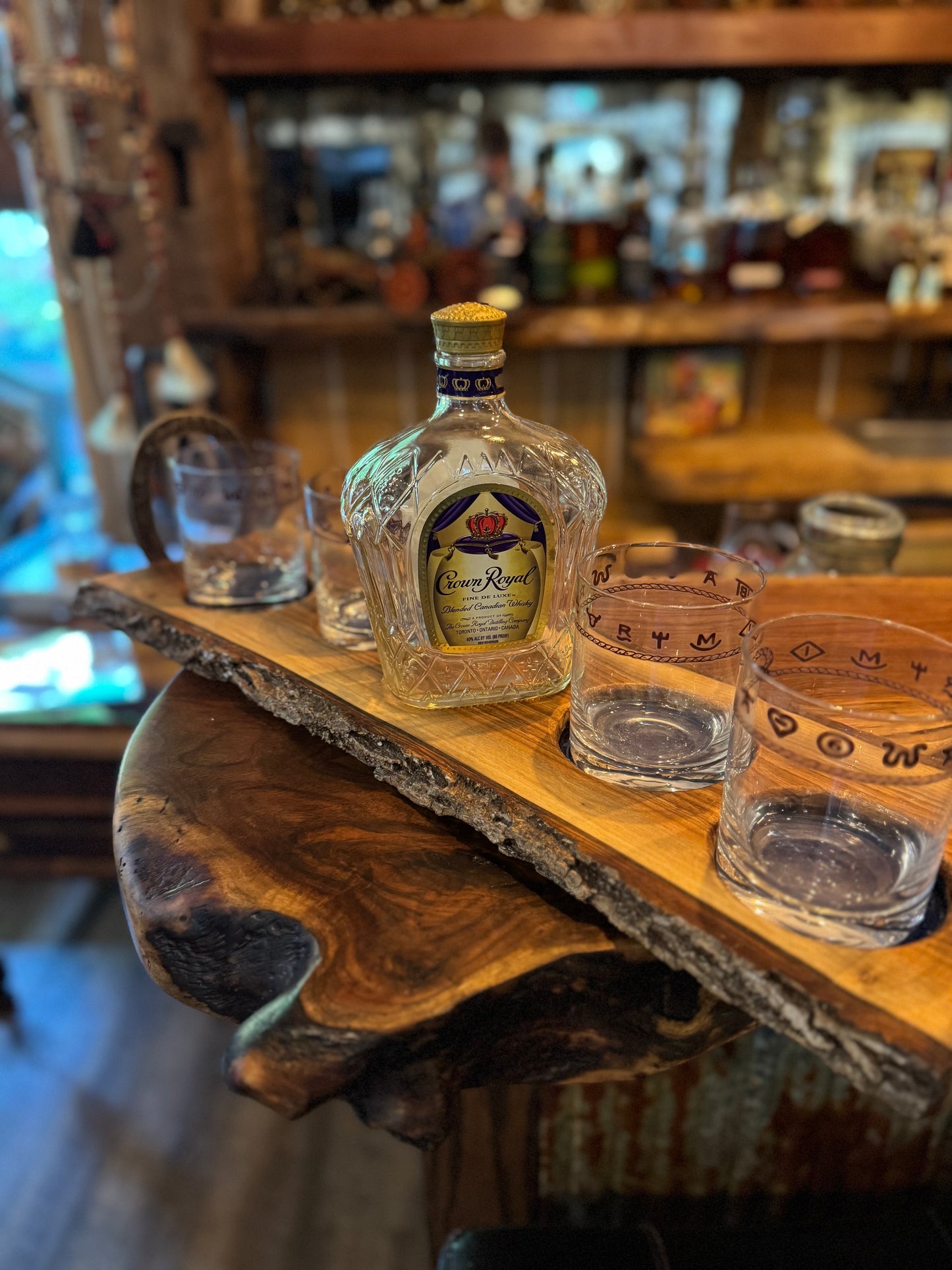 Handcrafted Live Edge Bourbon Flight Tray with Horseshoe Handles