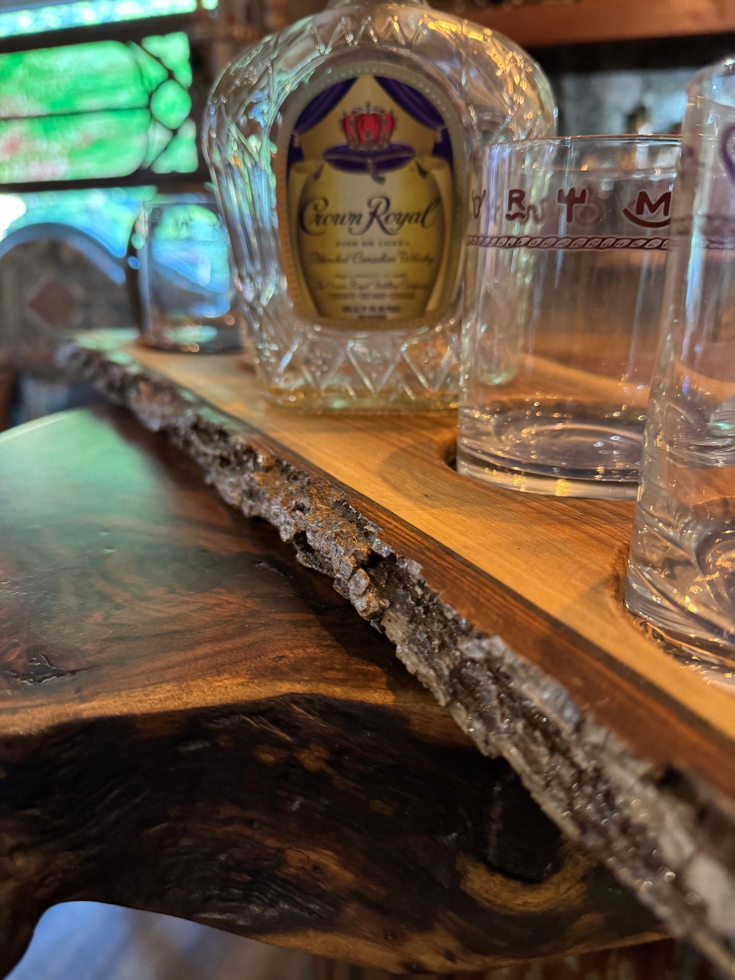 Handcrafted Live Edge Bourbon Flight Tray with Horseshoe Handles