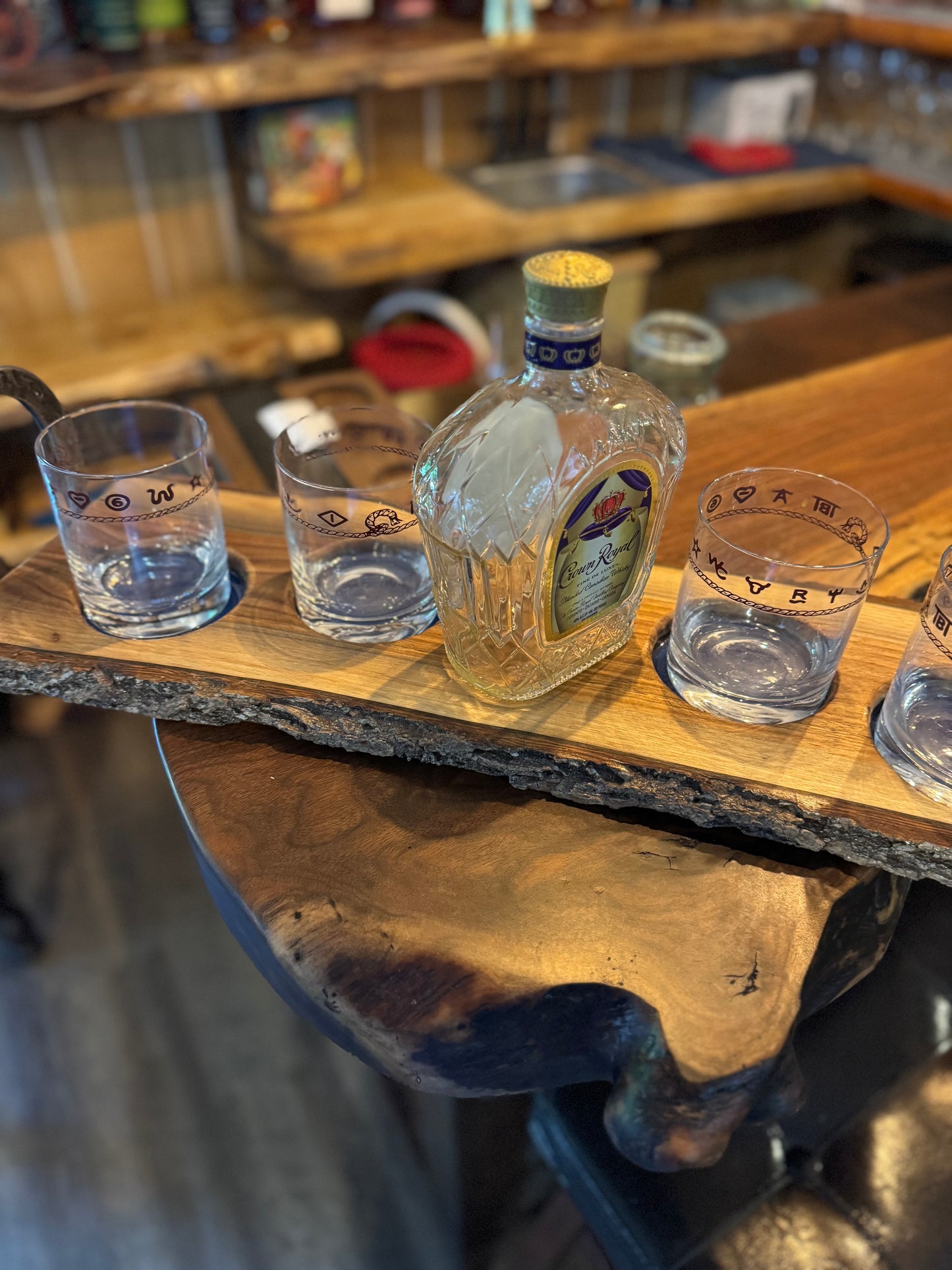 Handcrafted Live Edge Bourbon Flight Tray with Horseshoe Handles