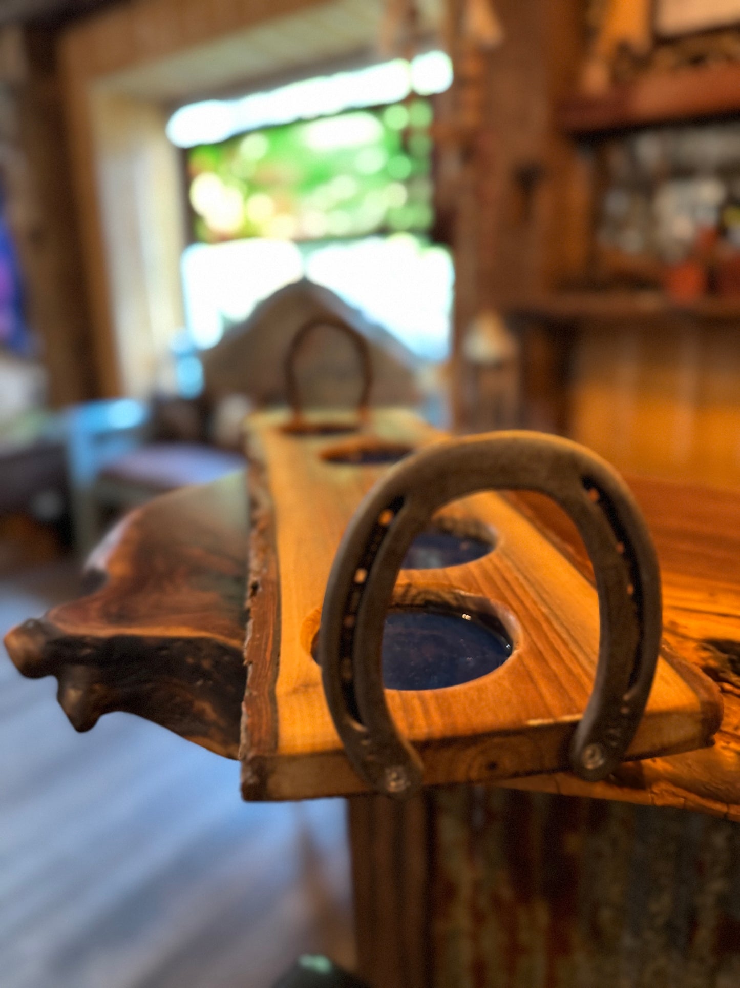 Handcrafted Live Edge Bourbon Flight Tray with Horseshoe Handles