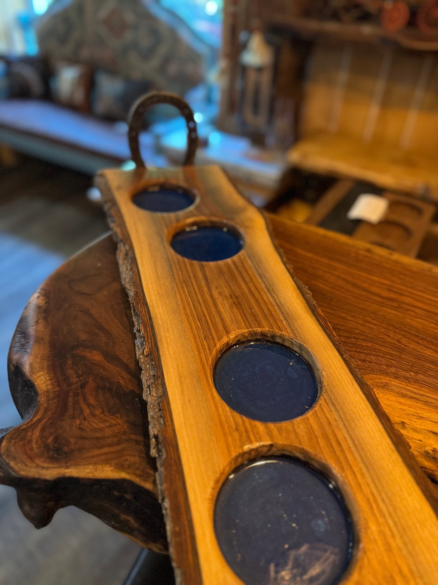 Handcrafted Live Edge Bourbon Flight Tray with Horseshoe Handles
